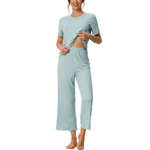 cheibear Women's Sleepwear Round Neck Soft Knit Short Sleeve Shirt with Pants Capri Pajamas Set - 1 of 4
