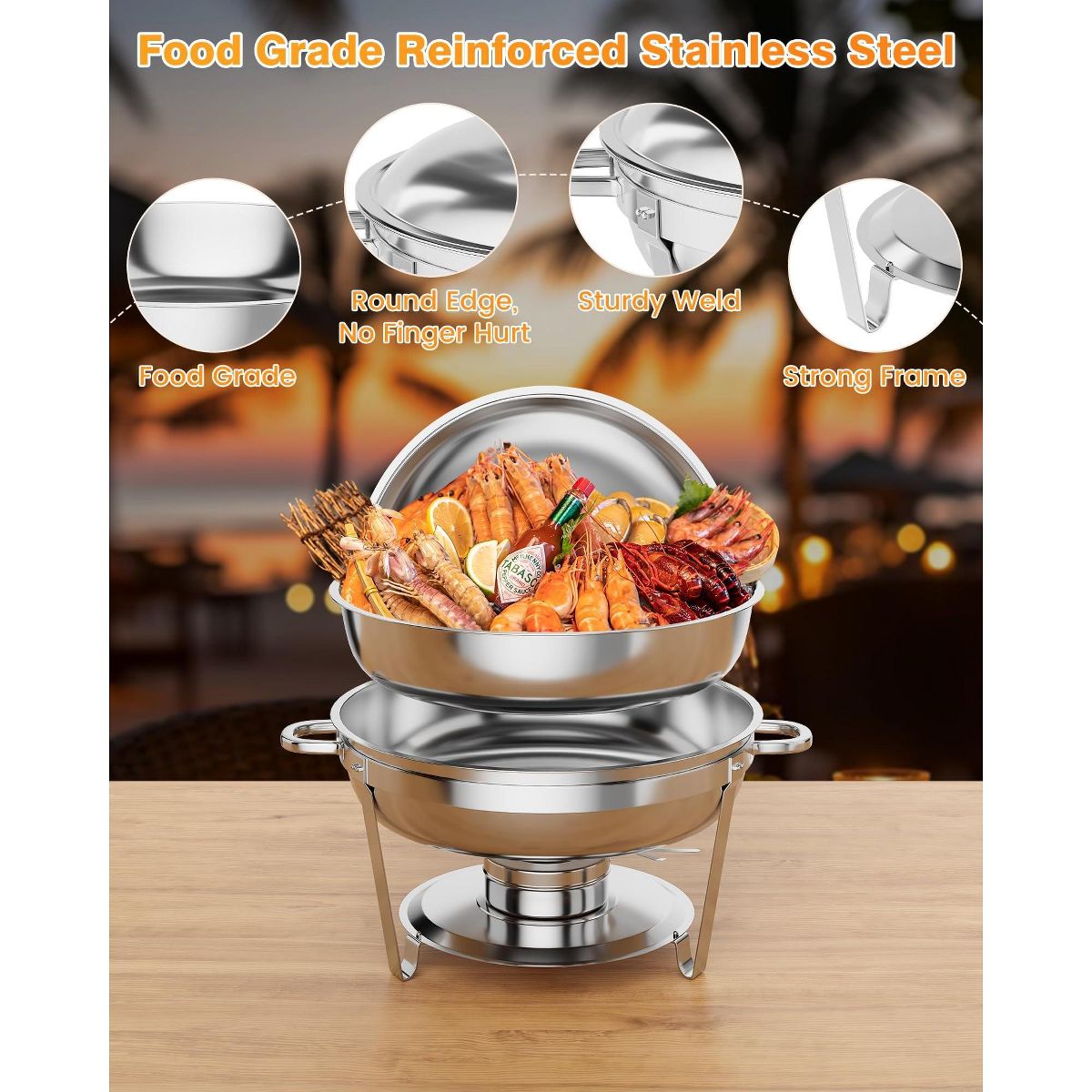 5QT Round Chafing Dish Buffet Set - Stainless Steel Food Warmer for Catering and Parties, Silver - thumbnail 4