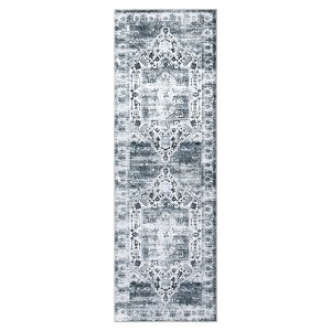 2'x6' Washable Floral Living Room Rugs, Distressed Chenille Non Slip Bedroom Carpet, Retro Accent Large Throw Rugs for Dining Room Kitchen, Grey - 1 of 4