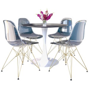 LeisureMod 5-Piece Dining Set with 35" Round Dining Table in White Iron Pedestal Base and 4 ABS Plastic Side Chair with Gold Base - 1 of 4
