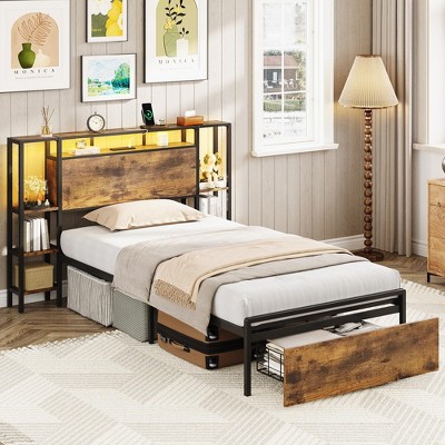 Platform Bed Frame with Headboard, 3-Tier Storage Shelves & 2 Drawers, Brown