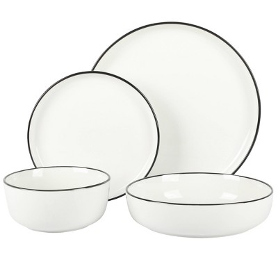 Oslo White Porcelain Dinnerware Set with Black Rim, Service for 4