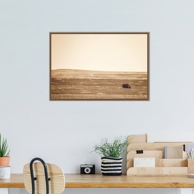Sepia Bison Landscape Framed Canvas Wall Art 23 x 16