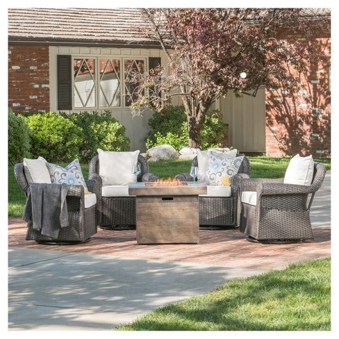 Arlington 5pc All Weather Wicker Patio Chair Set W Fire Pit