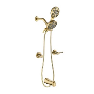 Cobbe Brushed Gold 2-Handle Wall Mount Complete Bathtub Shower Trim Kit with 6 Settings ABS Dual Shower Head Tub Spout and 59-Inch Hose - 1 of 4