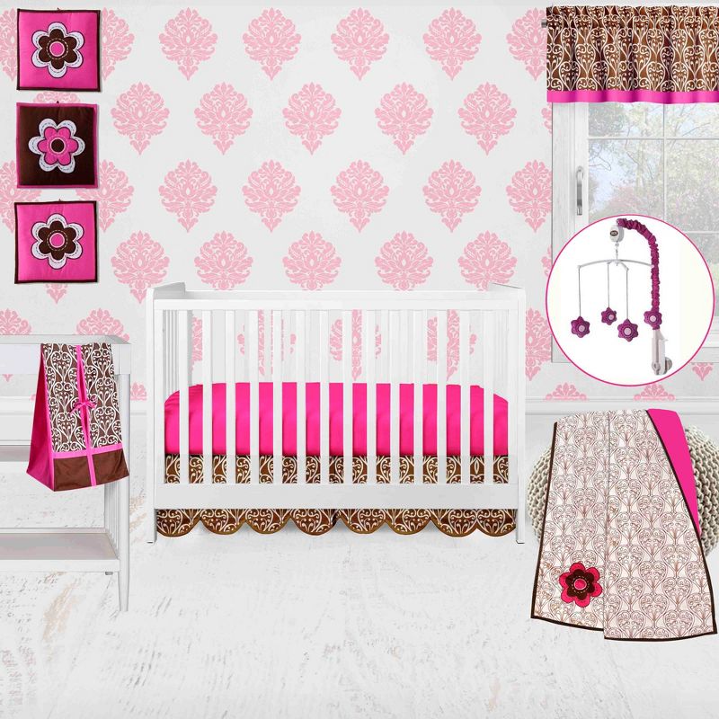 Bacati - Damask Pink Fuschia Chocolate 10 pc Crib Bedding Set with 2 Crib Fitted Sheets, 1 of 11