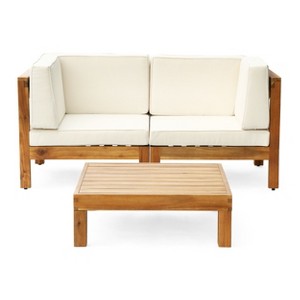 GDFStudio Keith Outdoor Acacia Wood Loveseat and Coffee Table Set with Cushions, Teak/Beige - 1 of 4