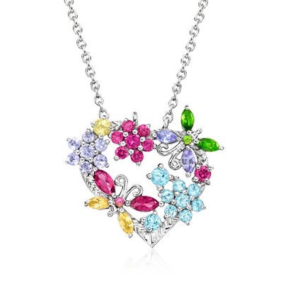 Ross-Simons 1.61 ct. t.w. Multi-Gemstone Flower and Butterfly Heart Necklace in Sterling Silver Size 18