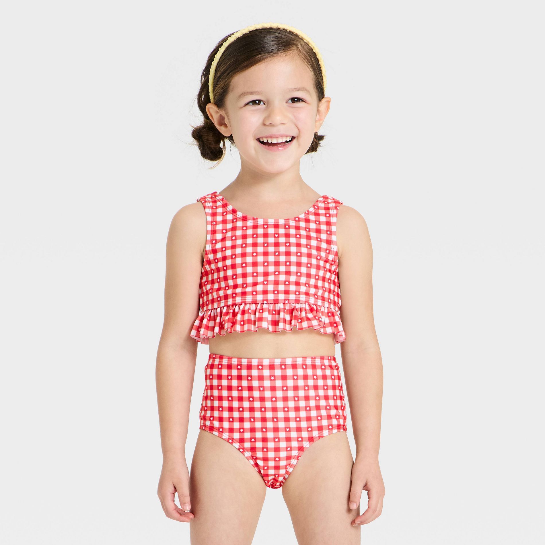 Girls' Gingham Star Printed Ruffle Bow Back Bikini - Cat & Jack™ Red