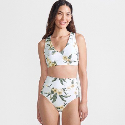 Lands' End Women's Chlorine Resistant V-neck Midkini Swimsuit Top and High Leg High Waisted Bottoms 2 Piece Set