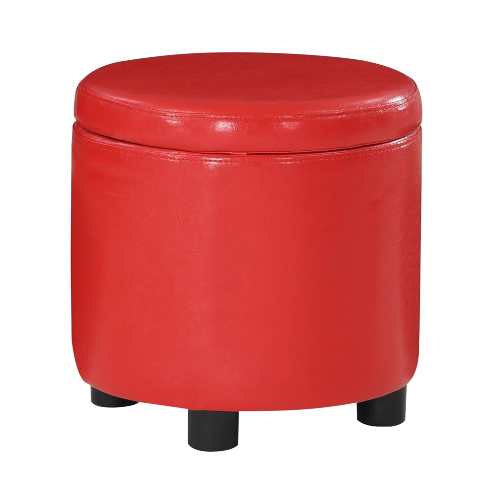 Designs4Comfort Round Accent Storage Ottoman Red - Breighton Home: Faux Leather, Reversible Tray Lid, Wood Frame