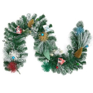 Artificial Xmas Cedar Tree and House Garland Ornament, Christmas Garland for Mantle Fireplace Stairs Indoor Outdoor Front Door Porch - 1 of 4