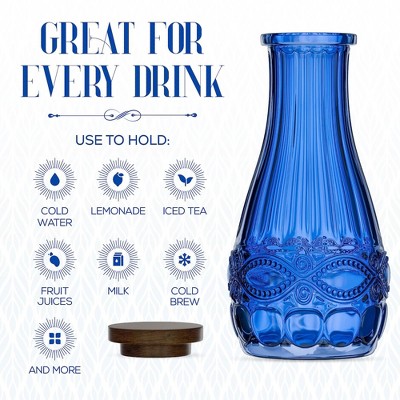 Blue Embossed Glass Carafe with Wood Lid