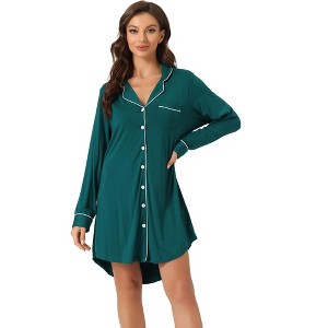 cheibear Women's Long Sleeve Notched Lapel Button Down Lounge Nightshirt - 1 of 4