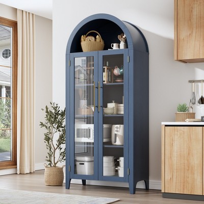 63'' Arched Pantry Storage Cabinet, Farmhouse 5 Tier Cupboard with Adjustable Shelf and 2 Large Glass Doors, for Kitchen, Dining, Living Room