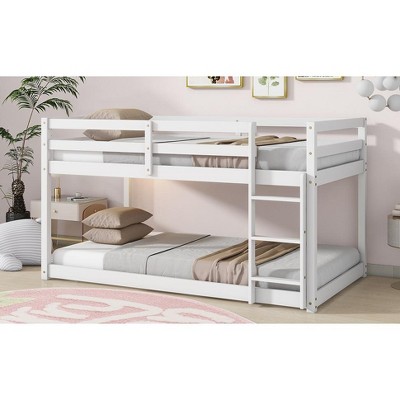 Vynxaria Solid Rubber Wood Twin Over Twin Floor Bunk Bed with Ladder & Strengthened Slats
