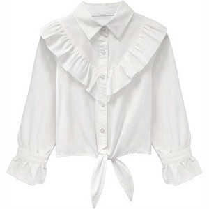 Clearlove Girl's Long Sleeve Plaid Button-Down Shirt with Tie Front & Ruffle Sleeve Detail Classic Collar Top - 1 of 4