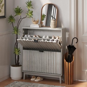 Fluted Shoe Cabinet for Entryway, Shoe Storage Cabinet with 2 Flip Drawer and Solid Wood Legs, Narrow Shoe Organizer - 1 of 4
