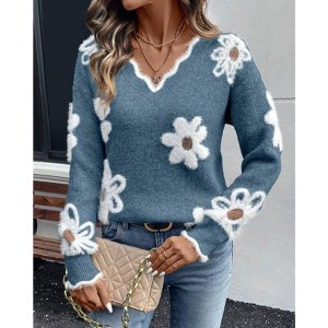 Women's V-Neck Long-Sleeve Sweater Casual Color-Block Lace Collar Jacquard Pullover - 1 of 4