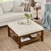 Zeus & Ruta Tufted Linen Large Square Ottoman with Beech Wood Shelf and Frame, Ivory - 4 of 4