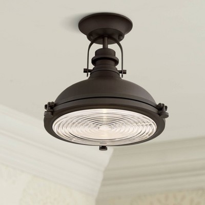 Bronze Dome 14" Industrial Semi-Flush Mount with Clear Ribbed Glass