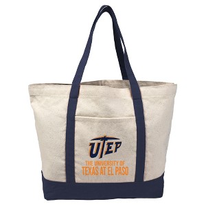 University of Texas at El Paso Miners Primary Logo Canvas Tote Bag With External Pocket, Reusable Shoulder Bag for Shopping, School, Beach, Navy - 1 of 4