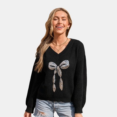 Women's Black Sequins Bow Long Sleeve Knit Top - Cupshe