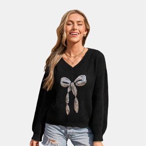 Women's Black Sequins Bow Long Sleeve Knit Top - Cupshe - 1 of 4