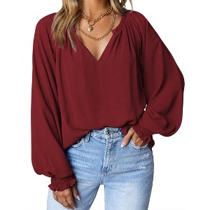 Zeagoo Casual Tops for Women 2023 Puff Long Sleeve Pleated V Neck Tunic Loose Fit Ladies Work Blouse - 1 of 4