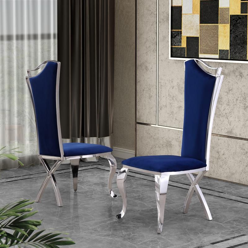 Elegant Navy Blue Velvet Side Chairs with Silver Stainless Steel (Set of 2), 2 of 3