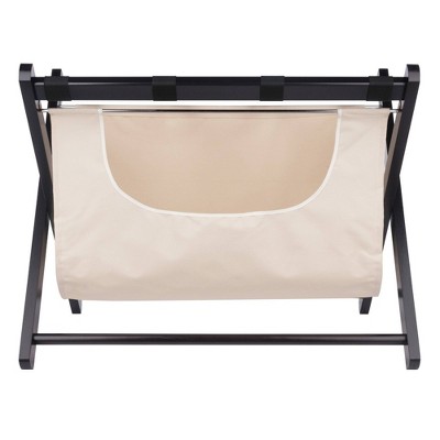 Espresso Wood Luggage Rack with Beige Fabric Basket