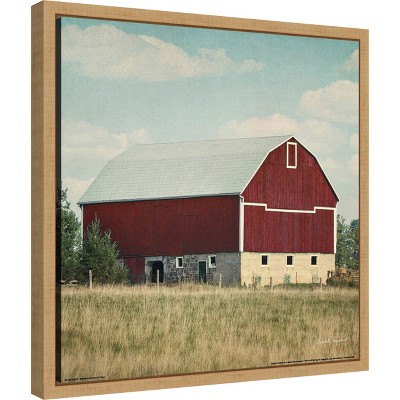 Blissful Country Red Barn Canvas Print with Natural Wood Frame