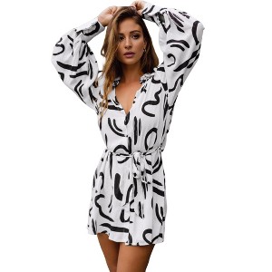 BLUEMING Womens Collar V Neck Striped Shirts Button Down Long Lantern Sleeves Tunic Mini Shirt Dress with Belt - 1 of 4