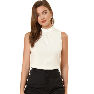 Allegra K Women's Sleeveless Frill Mock Neck Ruffle Chambray Blouse - 1 of 4