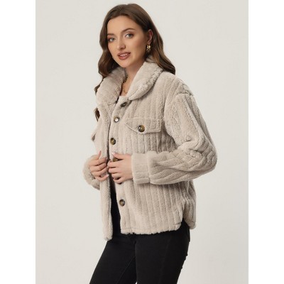 Allegra K Women's Fleece Winter Button Down Long Sleeve Soft Fuzzy Shaggy Teddy Jacket Large Khaki — фото 3