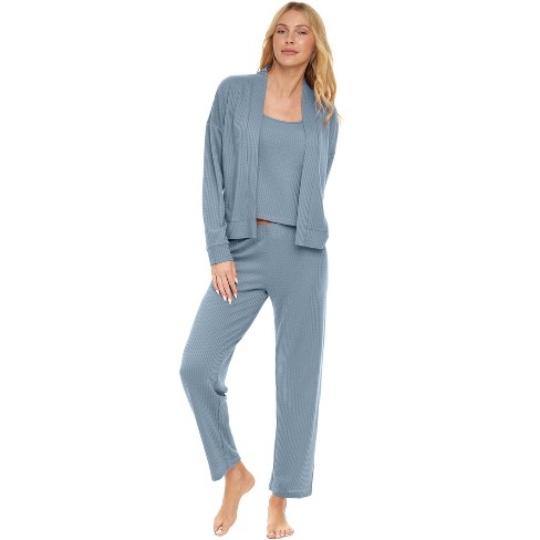 Adr Women's Ribbed Knit Cardigan Thermal Sleepwear Set Hip Length Jacket,  Cami Top And Pajama Pants Blue 2x Large : Target