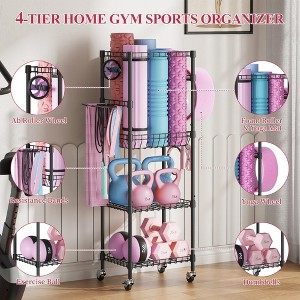 MOEPISY Home Gym Storage Rack with Wheels, Yoga Mat Storage Organizer, Space Saving 4-Tier Weight Rack Black - 1 of 4