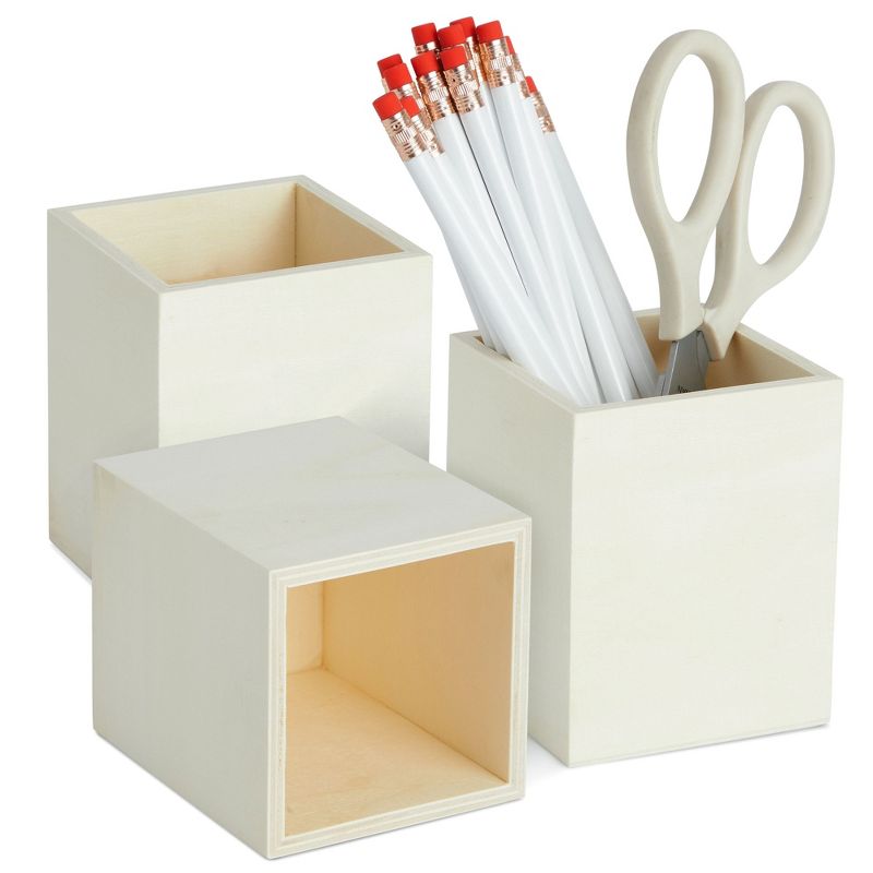Genie Crafts 3 Pack Unfinished Wood Pencil Holder Cups for Office - Pen Accessories Organizer and Storage for Classroom Desk (3 in), 5 of 9