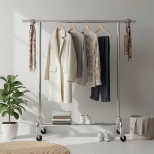 Extendable Hanging Rod Clothes Rack with Wheels Heavy-Duty Garment Rack Freestanding Clothes Rack for Hanging Clothes - 1 of 4