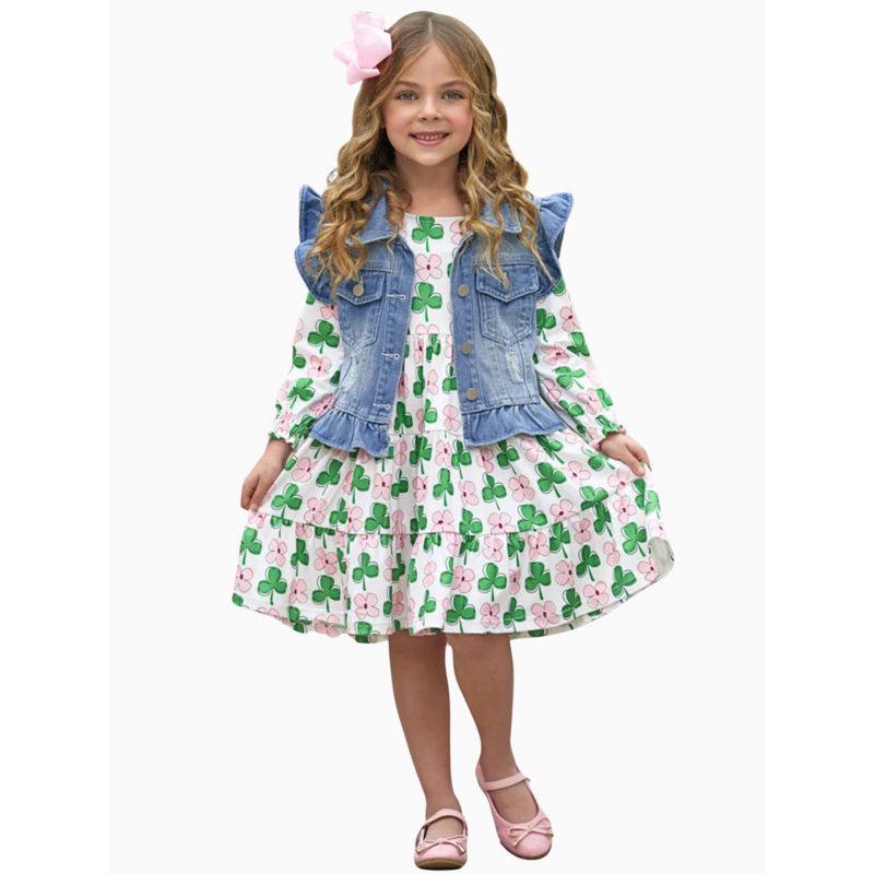 Shamrock Cutie Denim Vest And Clover Dress Set - Mia Belle Girls, 1 of 5