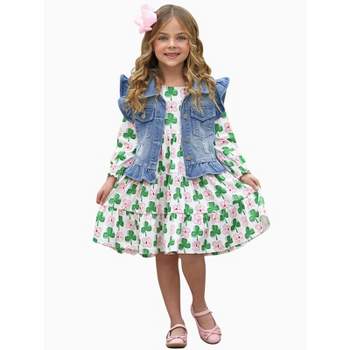 Shamrock Cutie Denim Vest And Clover Dress Set - Mia Belle Girls