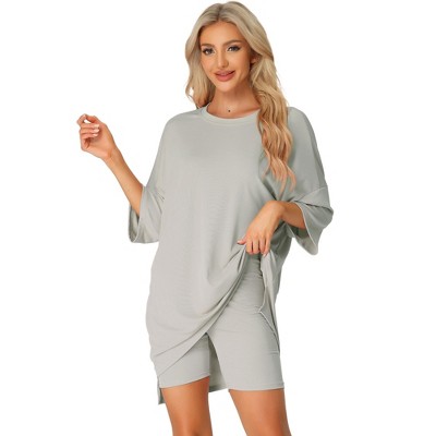 cheibear Women's Knit Loose Fit T-Shirt with Biker Shorts Lounge Sleepwear Pajama Sets