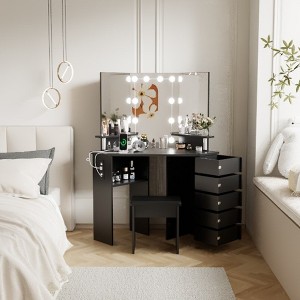 Garvee Makeup Vanity Desk with Lights & Power Outlet-Corner Vanity Table with 5 Rotating Drawers, for Bed Room - 1 of 4