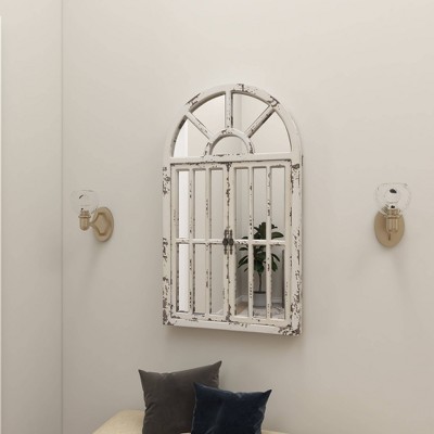 Vintage Farmhouse 26x46 Distressed White Wooden Arched Wall Mirror