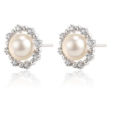 Molenia Round Pearl Stud Earrings for Women, 925 Sterling Silver Cubic Zircon Freshwater Pearl Earrings, Dainty Wedding Bridesmaid Studs Jewelry