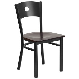Emma and Oliver Black Circle Back Metal Restaurant Chair - Walnut Wood Seat - 1 of 4