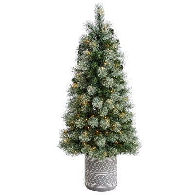 Nearly Natural 4.5-ft Nova Scotia Artificial Christmas Tree in Engraved Geometric Stone Planter