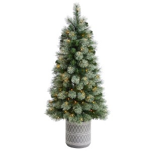 Nearly Natural 4.5-ft Nova Scotia Artificial Christmas Tree in Engraved Geometric Stone Planter - 1 of 4