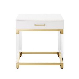 HomeRoots 24" White and Gold Wood Acrylic and Stainless Steel Square End Table With Drawer - 1 of 4