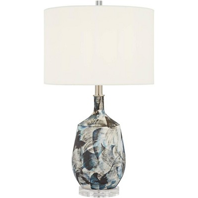 Possini Euro Design Modern Table Lamp 26" High Blue Brushstrokes Ceramic White Fabric Drum Shade for Living Room Bedroom House